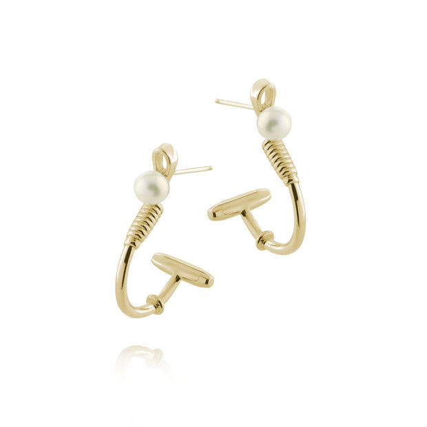 Designer solid 9ct  gold and cultured pearl polo hoop earrings inspired by the mallet and ball