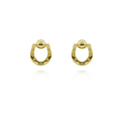 Designer solid 9ct gold horseshoe stud earrings on white background.