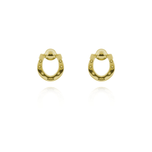 Designer solid 9ct gold horseshoe stud earrings on white background.