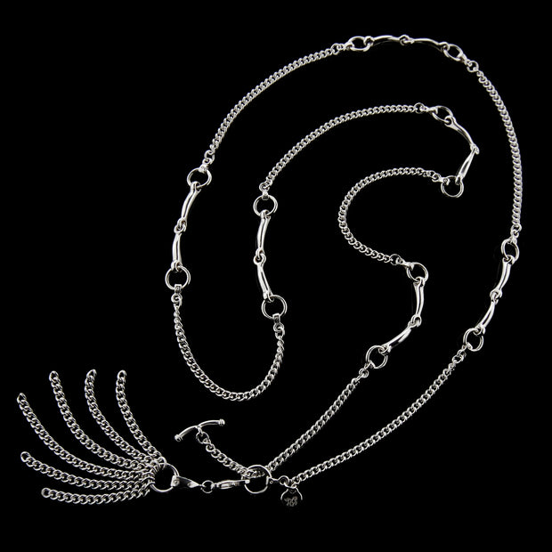 designer silver lariat equestrian bit and chain necklace with chain tassel on black background