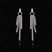 designer solid silver chain equestrian styled drop earrings on black background
