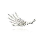 solid silver equestrian chain tassel with caribiner clip on a white background