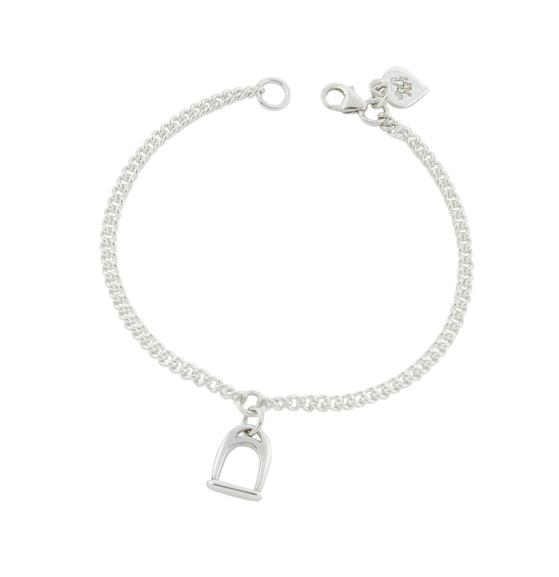 designer  solid silver stirrup and chain bracelet on white background.