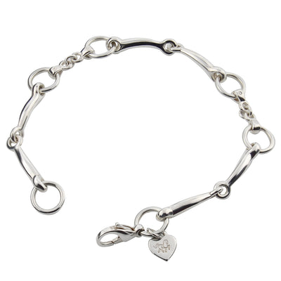 Designer solid silver snaffle bracelet with leather strap detail.