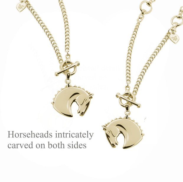 Designer gold horsehead heavy lariat neckchain showing carved detail on both sides