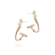 Designer solid 9ct rose gold and cultured pearl polo hoop earrings inspired by the mallet and ball