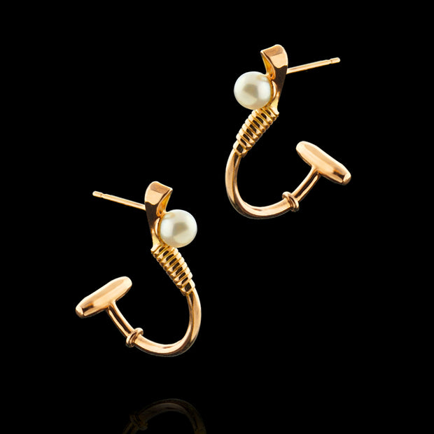Designer solid 9ct gold and cultured pearl polo hoop earrings inspired by the mallet and ball