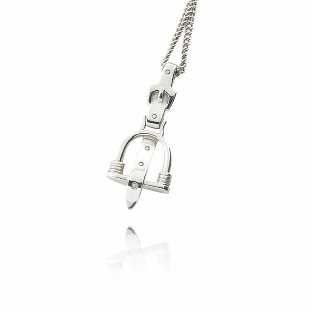 designer solid silver stirrup and leather strap necklace on white background