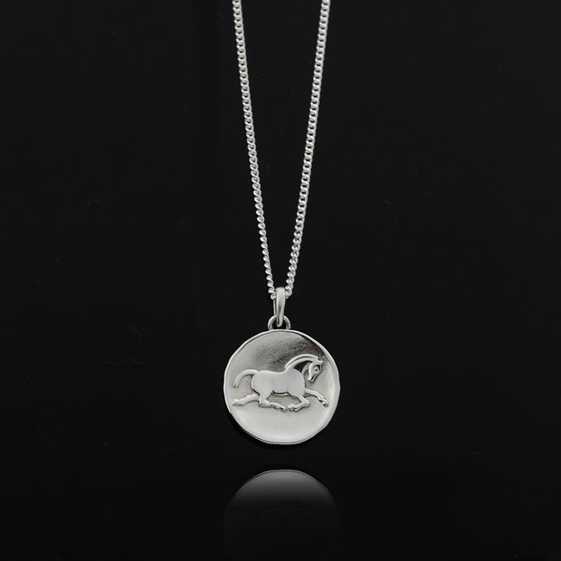 Designer solid silver horse inspired coin necklace on black background.