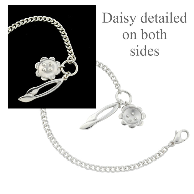 designer solid silver curb chain bracelet with retro daisy and leafstem charms showing fron and back of flower