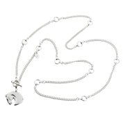 designer solid silver carved horsehead lariat chain necklace on white