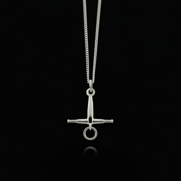 Designer solid silver |fulmer horse but necklace on black background.