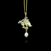 gold carved hare with pearl drop Designer necklace