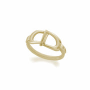designer gold interlacing stirrup ring on white background