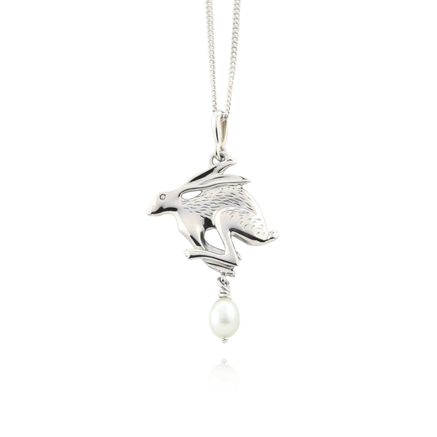 Designer solid silver gold Hare with cultured pearl drop necklace.
