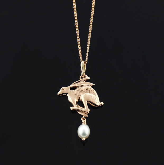 designer rose gold Hare with pearl drop necklace