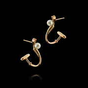 Designer solid 9ct rose gold and cultured pearl polo hoop earrings inspired by the mallet and ball