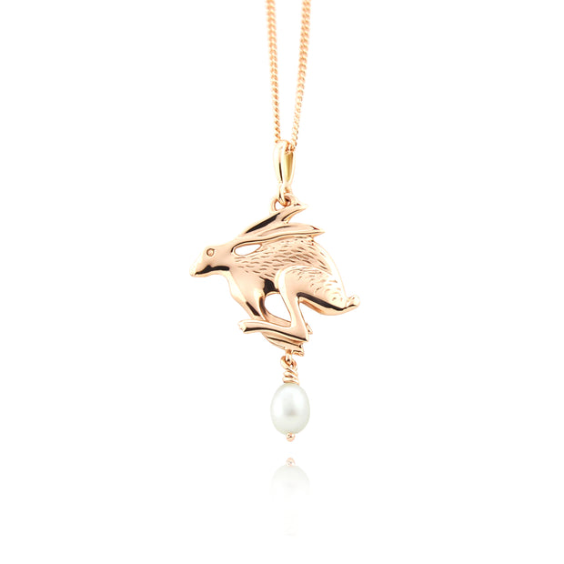 Designer solid 9ct rose gold Hare with cultured pearl drop necklace