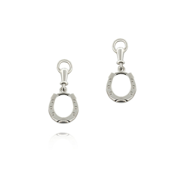 designer solid silver horseshoe drop earrings with bit top detail on white background