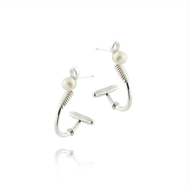 silver polo mallet hoop earrings with pearl