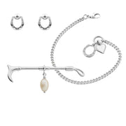 Designer Equestrian Riding solid silver jewellery set comprising of stud horseshoe earrings, stock pin with cultured pearl drop and charm bracelet with heart and horseshoe charms.