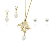 Designer solid 9ct yellow gold hare necklace with cultured pearl necklace, drop ascot pearl earring and pearl studs.