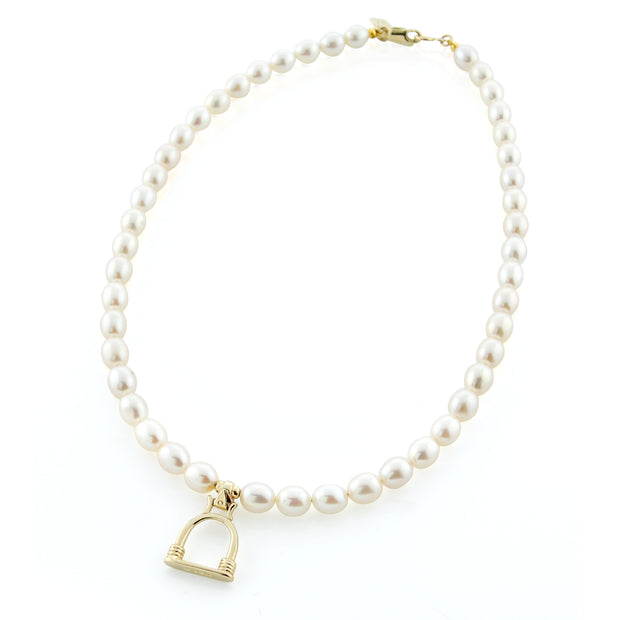 Designer solid 9ct gold vintage stirrup and cultured pearl necklace