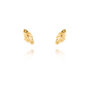 designer gold knotted strap stud earrings on white background.