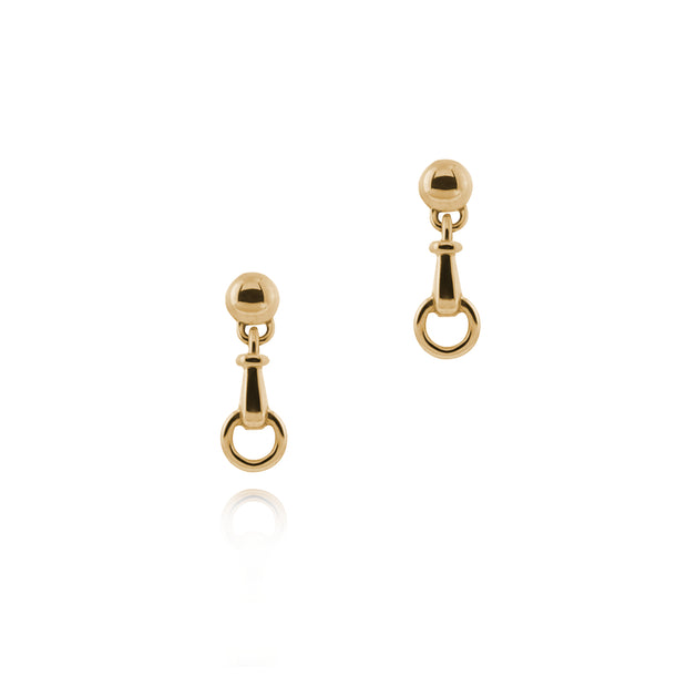 designer solid 9ct yellow gold horse bit inspired drop earrings on white background.