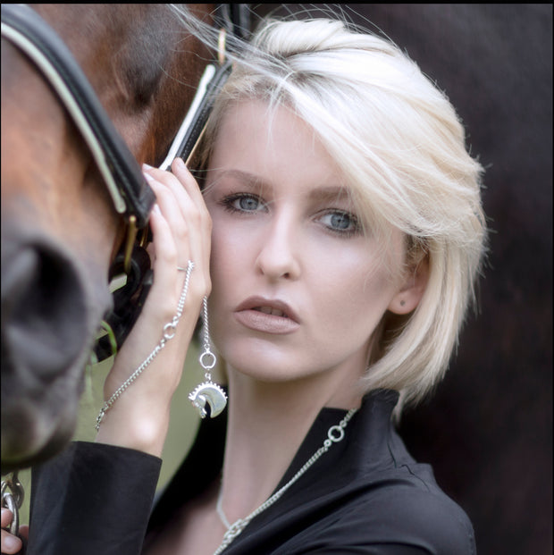 model wearing designer solid silver carved horsehead lariat chain necklace 