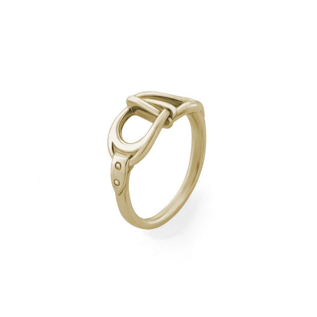 designer gold interlacing stirrup ring on white background