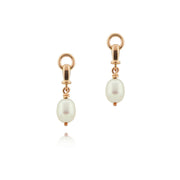 designer rose gold and cultured pearl ascot drop earrings on white background