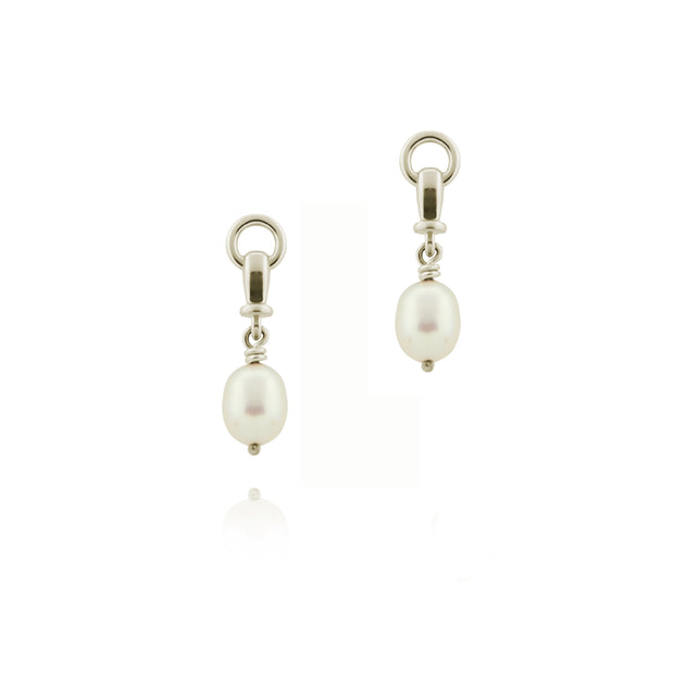 designer solid silver and cultured pearl ascot drop earring on white background.