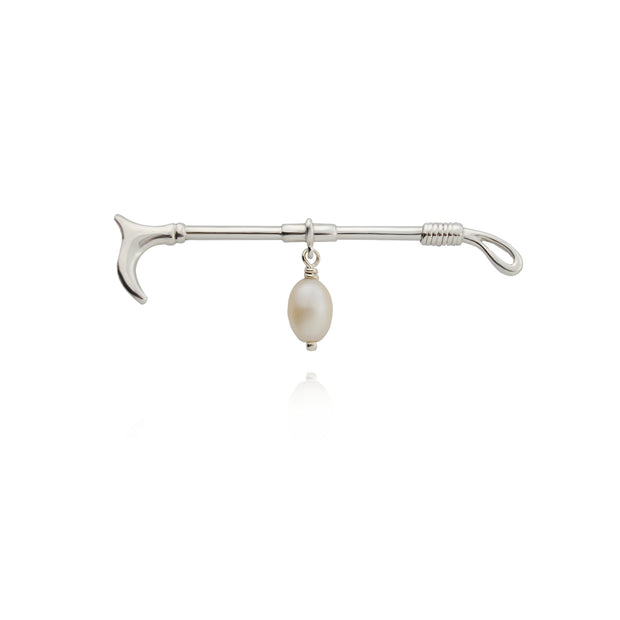 designer solid silver hunting crop stockpin brooch with cultured pearl drop on white