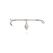 solid silver hunting crop stockpin brooch with cultured pearl drop.