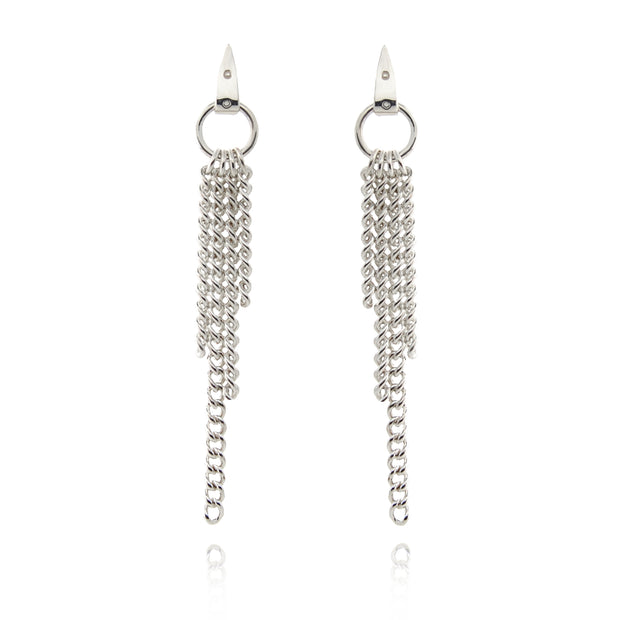 designer solid silver chain equestrian styled drop earrings on white background