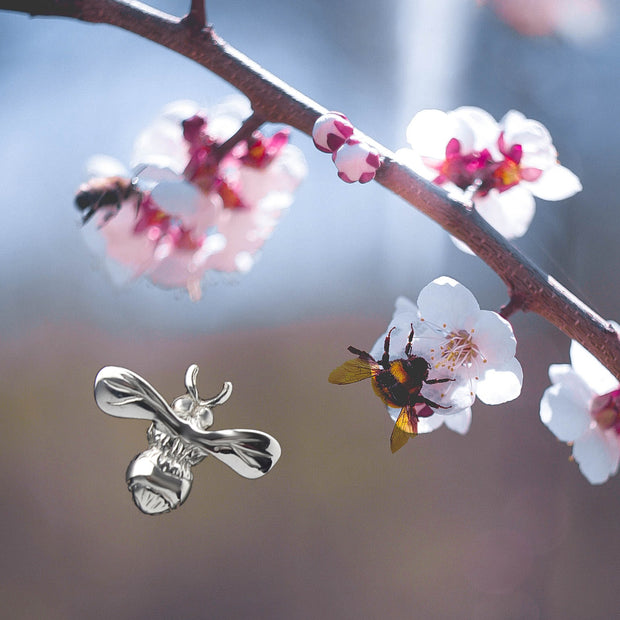 silver designer hand carved honey bee lapel pin on apple blossom