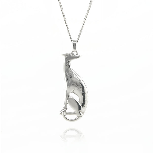 Designer solid silver hand carved hound necklace on a white background.