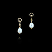 designer gold and cultured pearl ascot drop earrings on black background
