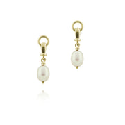 designer gold and cultured pearl ascot drop earrings on white background